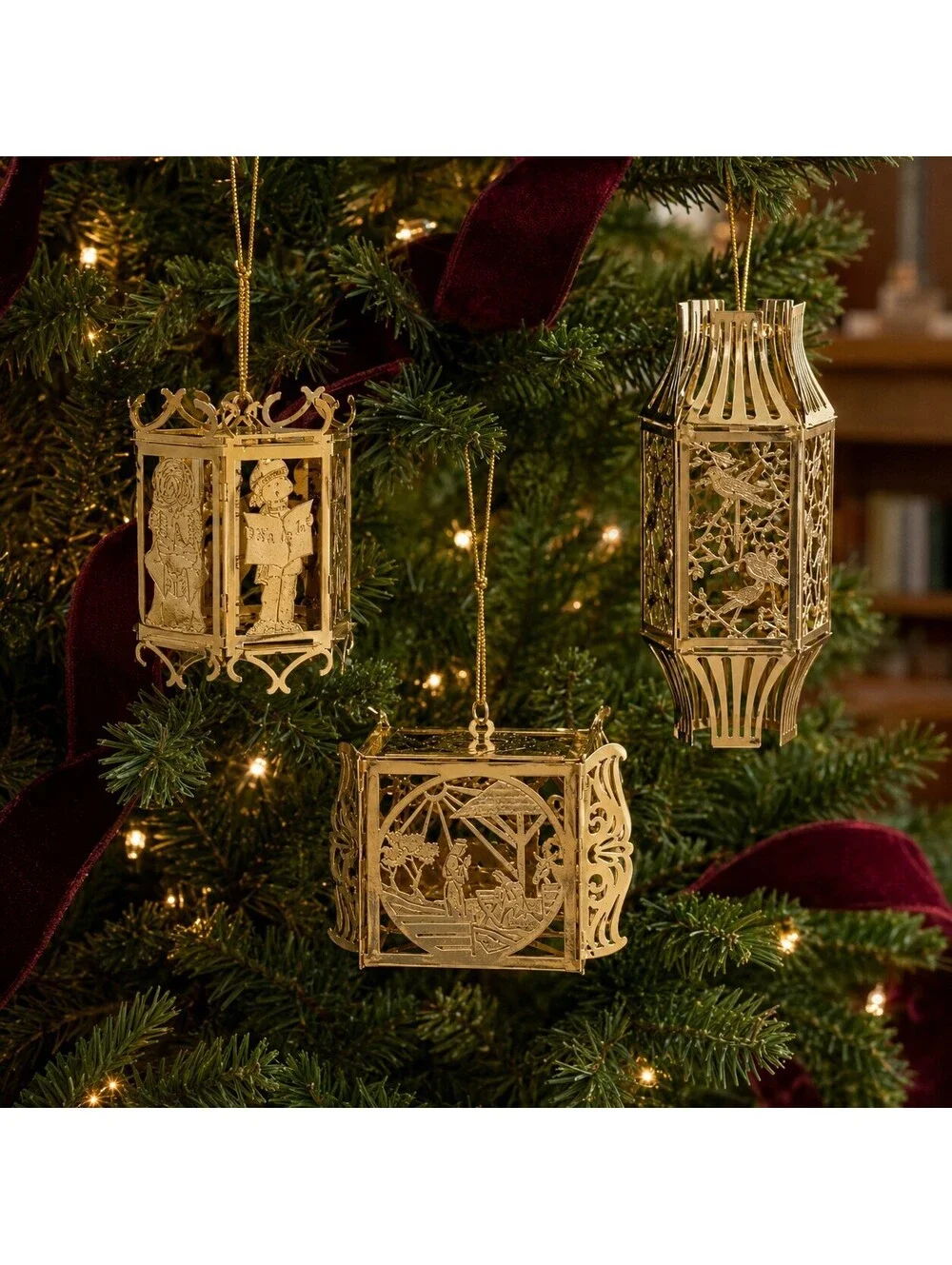 Vintage Reed & Barton Gold Filigree Christmas Ornaments Lot of 3